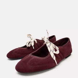 Zara Women's Maroon Suede Flats with Ribbon Detail